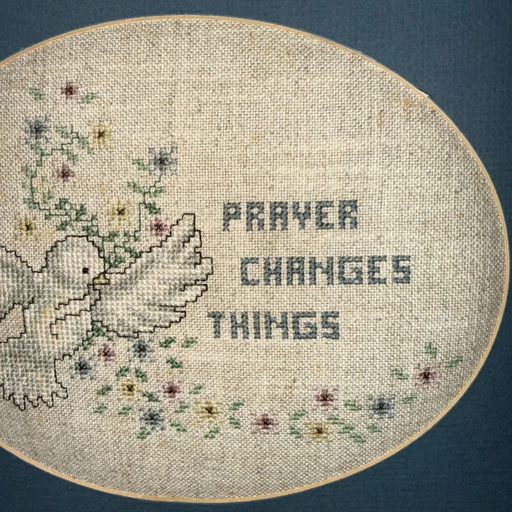 Vintage Needlepoint Picture 10x13 White Framed Matted Dove Prayer No Glass
